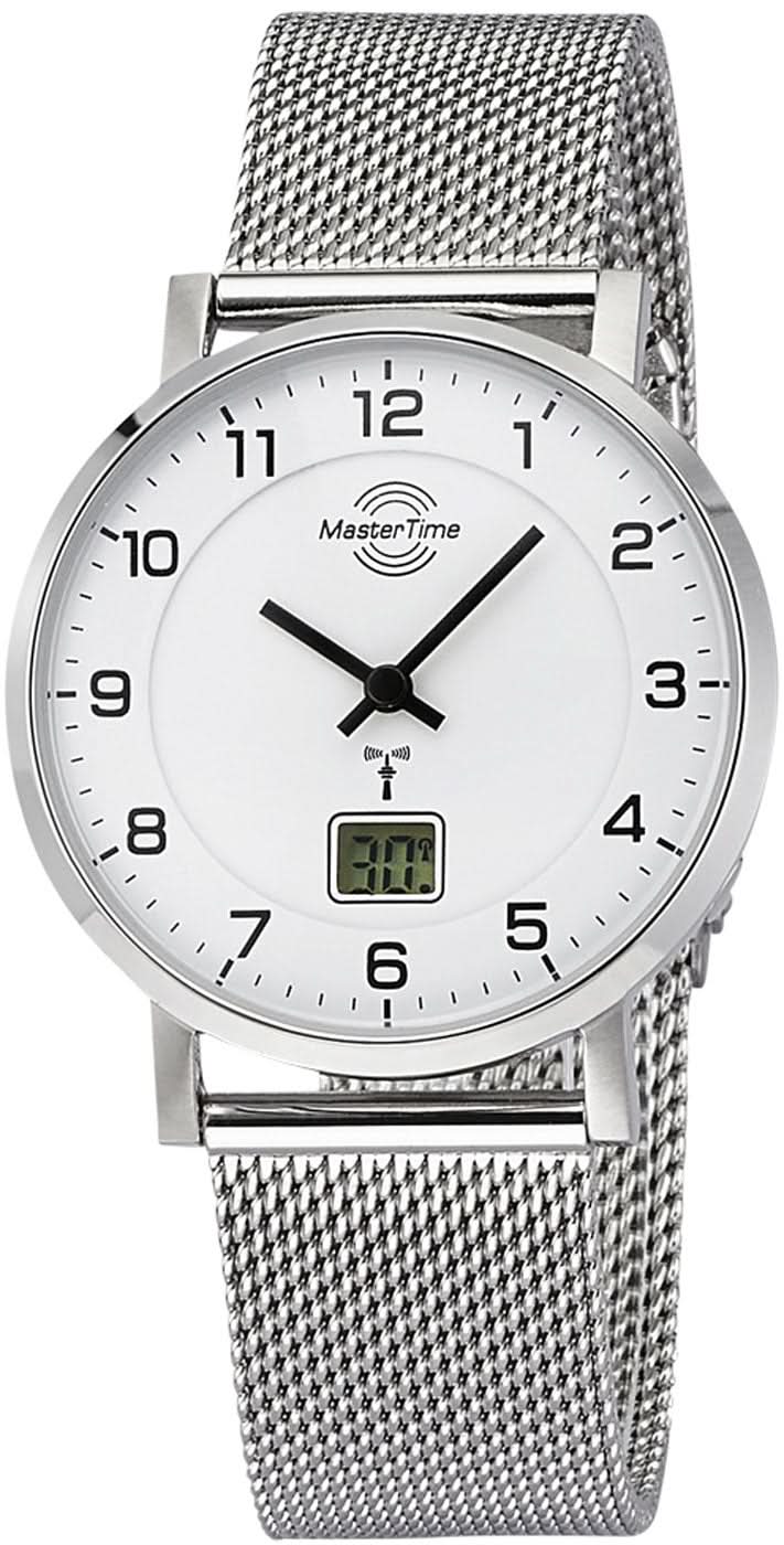 Master Time damklocka med silverfärgat mesh-armband och rund urtavla, svarta visare, analog visning.