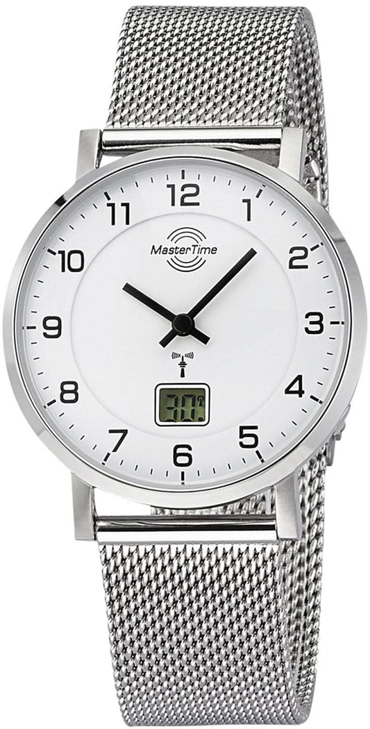 Master Time damklocka med silverfärgat mesh-armband och rund urtavla, svarta visare, analog visning.