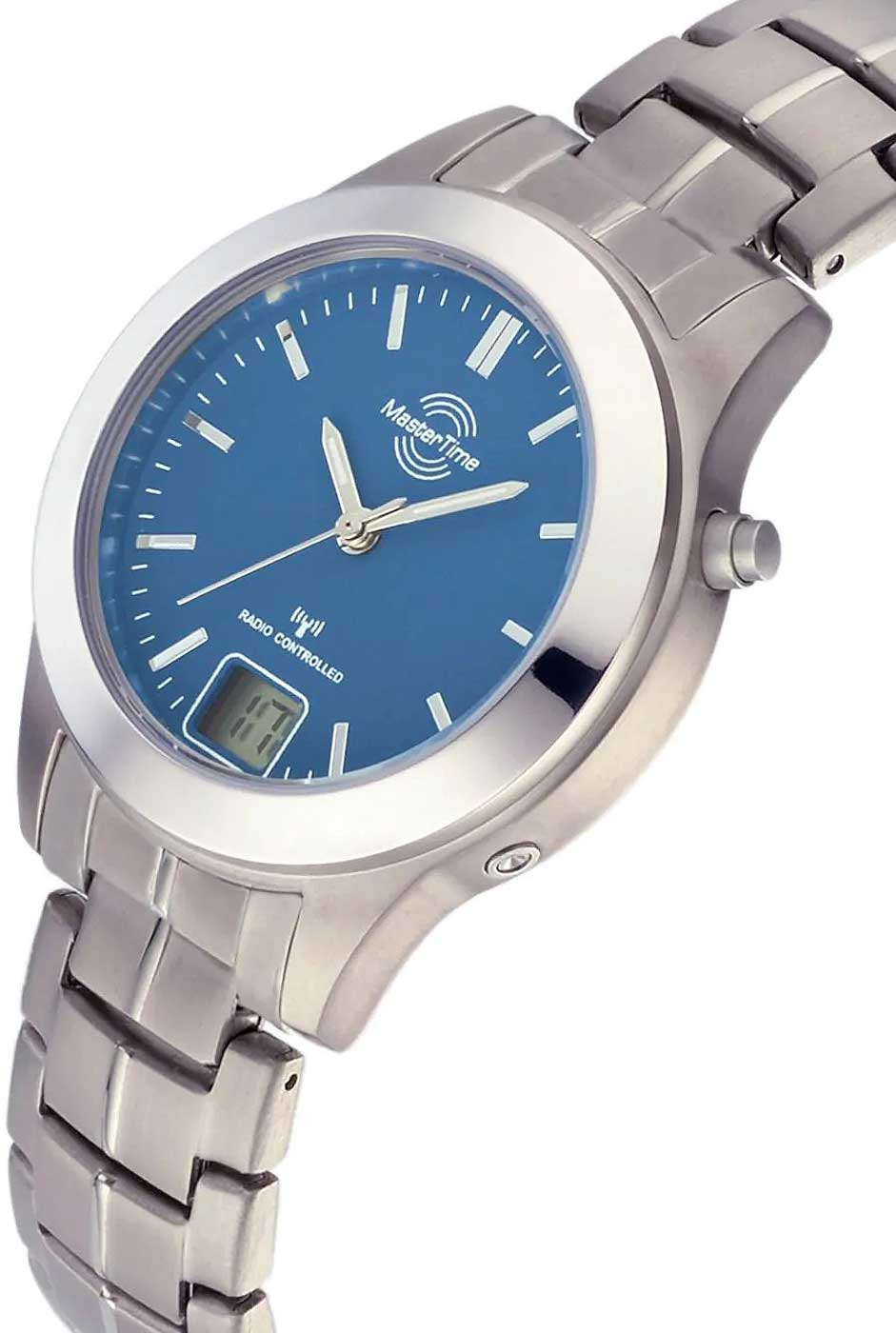 "Damklocka med runt titanfodral, blå urtavla, digital display och metallarmband"