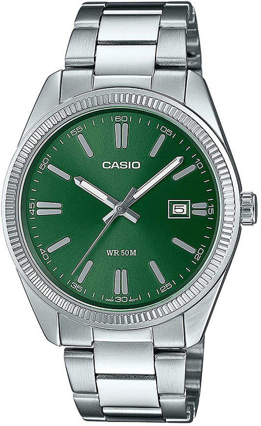 Casio herrur med grön urtavla, stållänk, datumvisning och timräknare