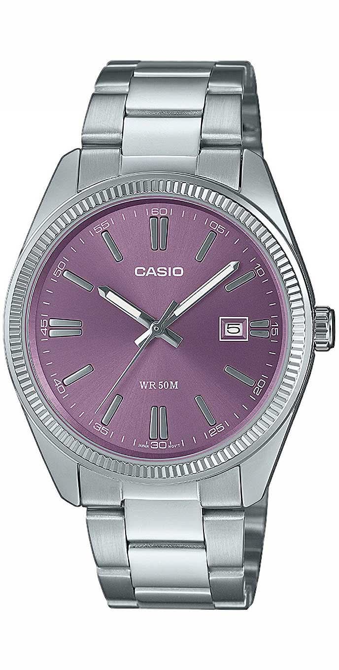 Casio herrklocka med silverfärgat metallband och lila urtavla, rund boett