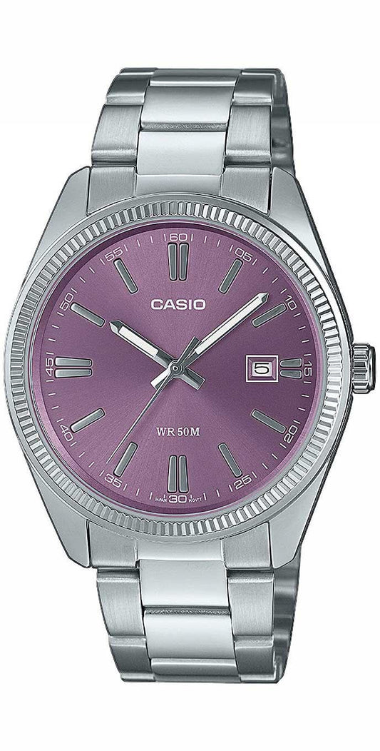 Casio herrklocka med silverfärgat metallband och lila urtavla, rund boett