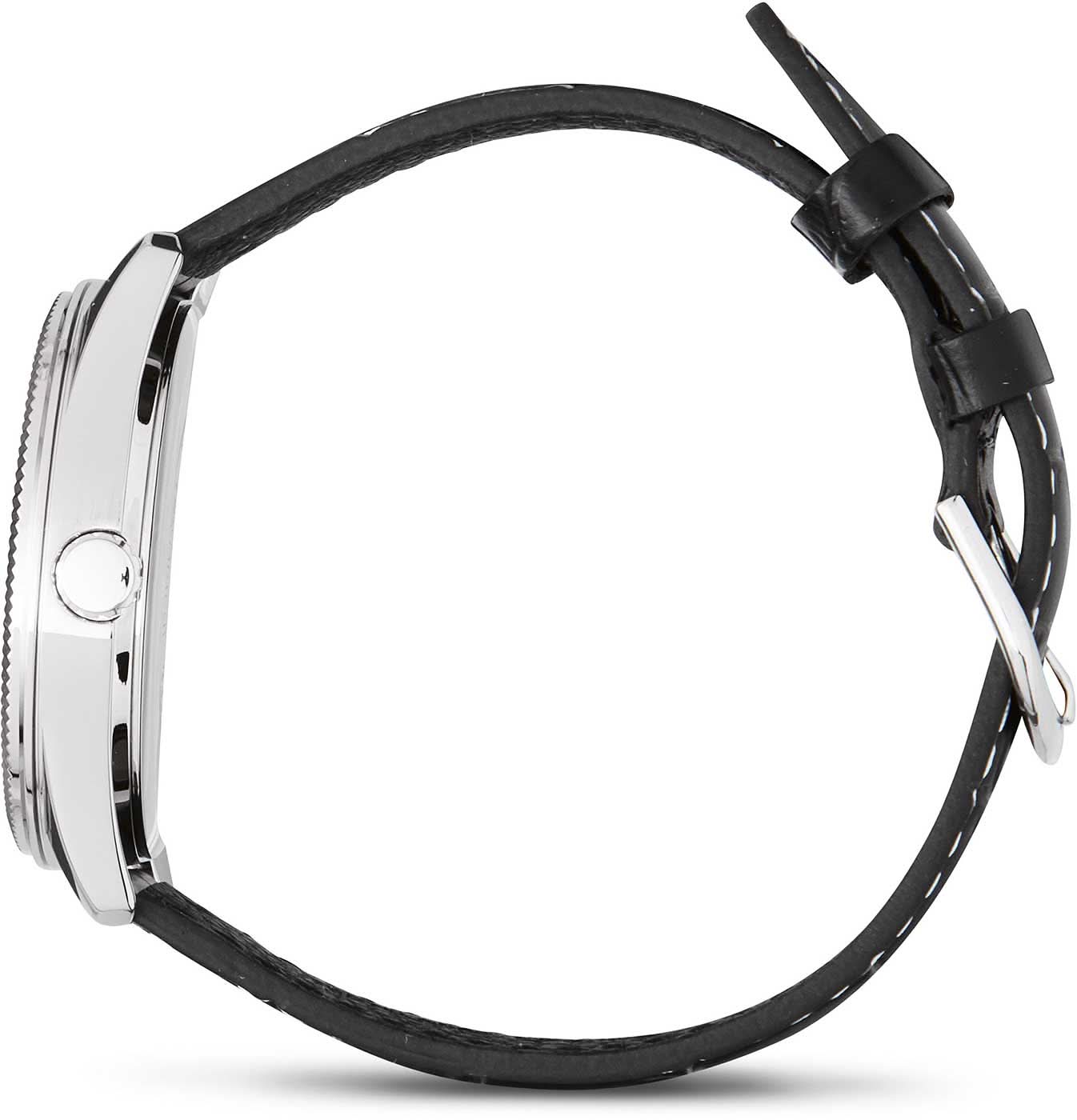 Herrklocka med svart läderarmband och silverfärgat hölje, sidovy