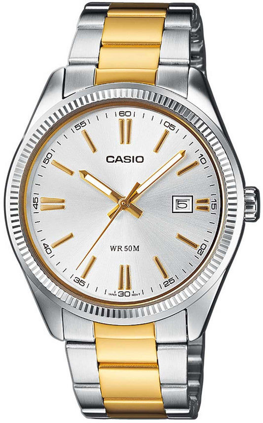Casio herrklocka med tvåfärgat metallarmband, silverfärgad urtavla och datumvisning