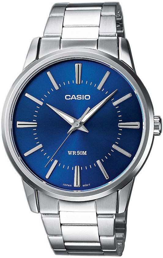 Herrklocka med blå urtavla, silverfärgat stålband och rund boett i rostfritt stål, Casio