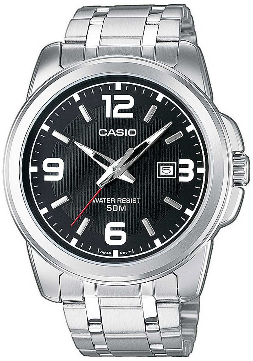 Casio herrklocka: silverfärgat rostfritt stålarmband, svart urtavla, analog, datumfönster, 50 m