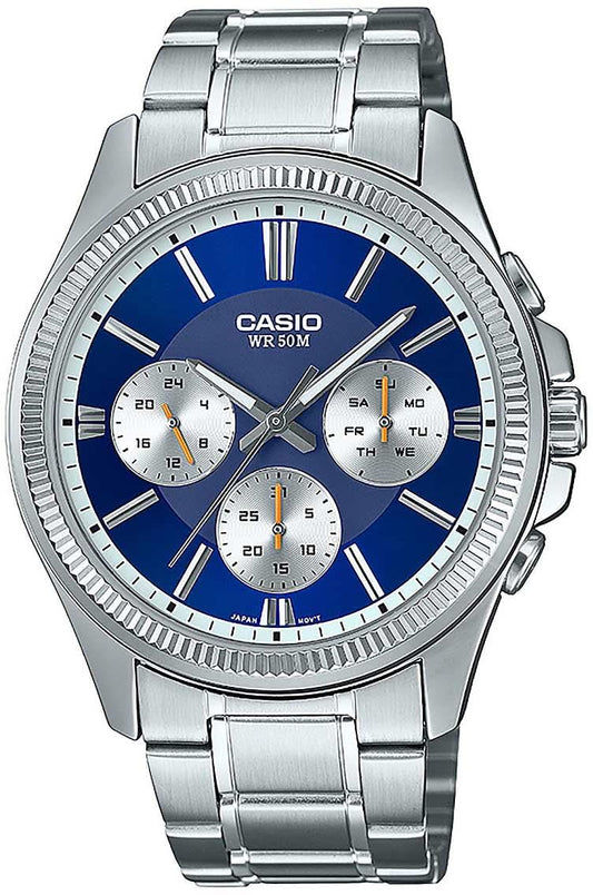 Casio herrklocka med blå urtavla, armband i rostfritt stål och kronograf-suburtavlor