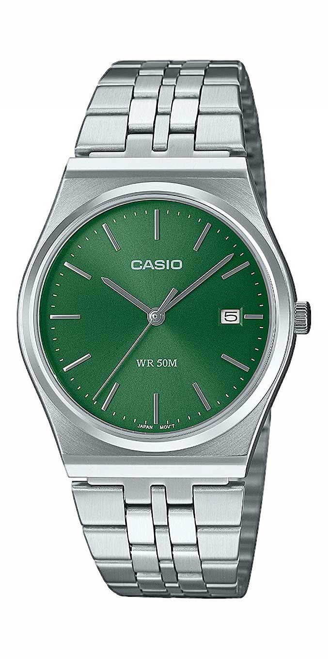 Casio herrklocka med grön urtavla, silverfärgat rostfritt stålarmband och datumvisning