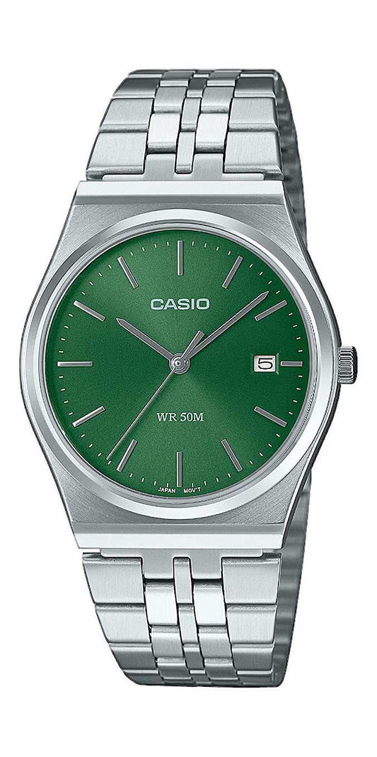 Casio herrklocka med grön urtavla, silverfärgat rostfritt stålarmband och datumvisning