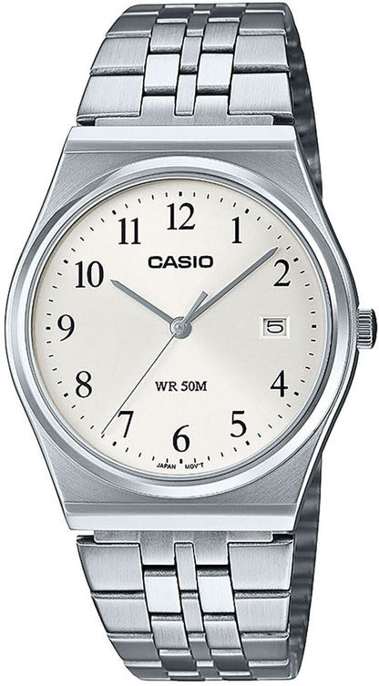Herrklocka i rostfritt stål med silverfärgat band, vit urtavla, datumvisning och CASIO