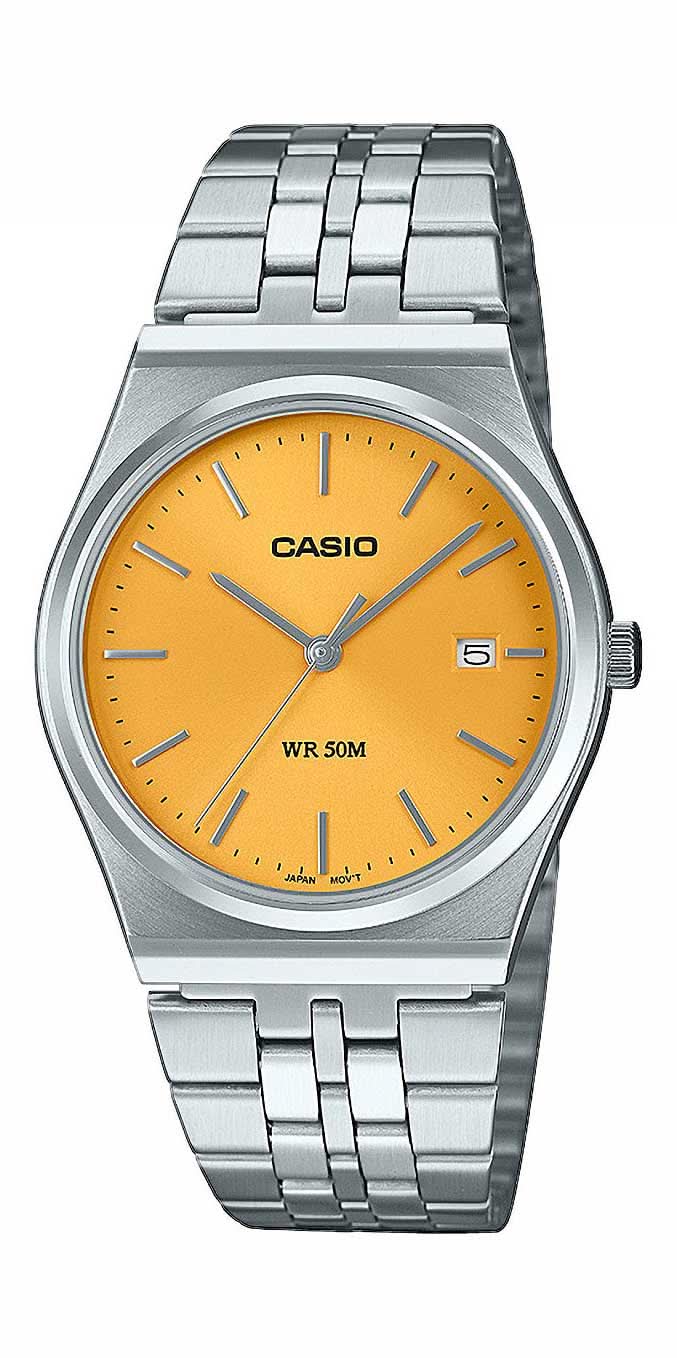 Casio herrklocka med silverfärgat metallarmband, rund gul urtavla, datumvisning vid 3