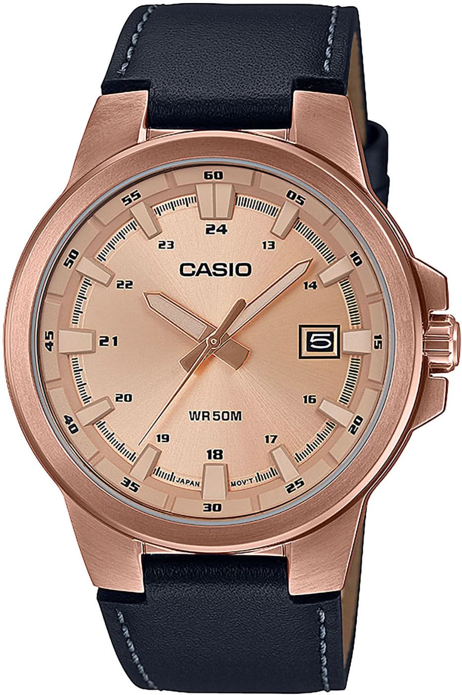 Armbandur med roséguldpläterat hölje, beige urtavla och mörkblått läderarmband