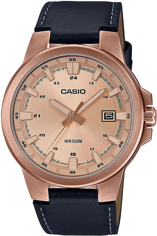 Armbandur med roséguldpläterat hölje, beige urtavla och mörkblått läderarmband