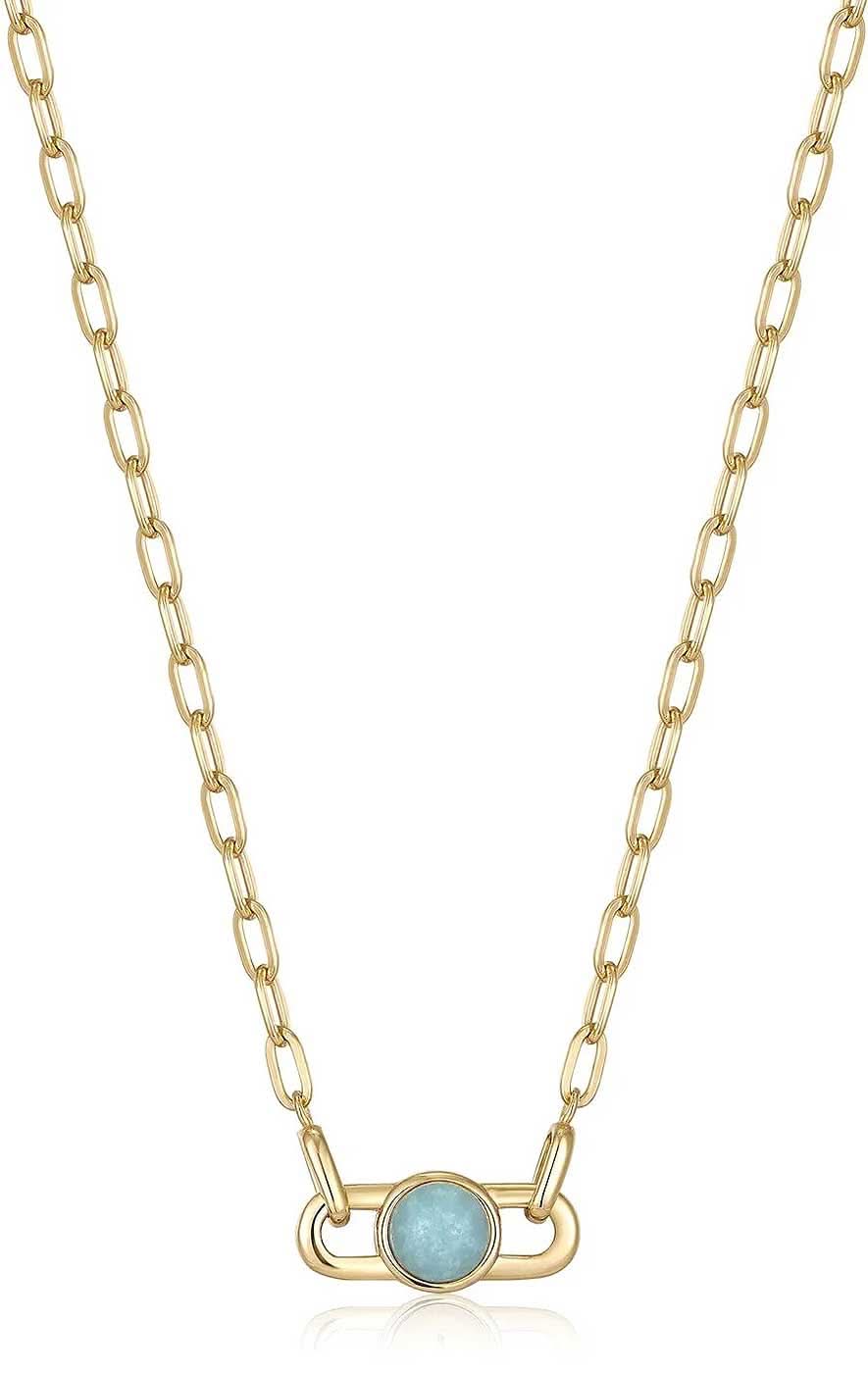 Guldpläterat halsband med ovalt hänge och turkosblå sten