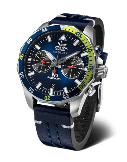 Vostok Europe herrklocka Rocket N1 med blå urtavla och mörkblått läderarmband