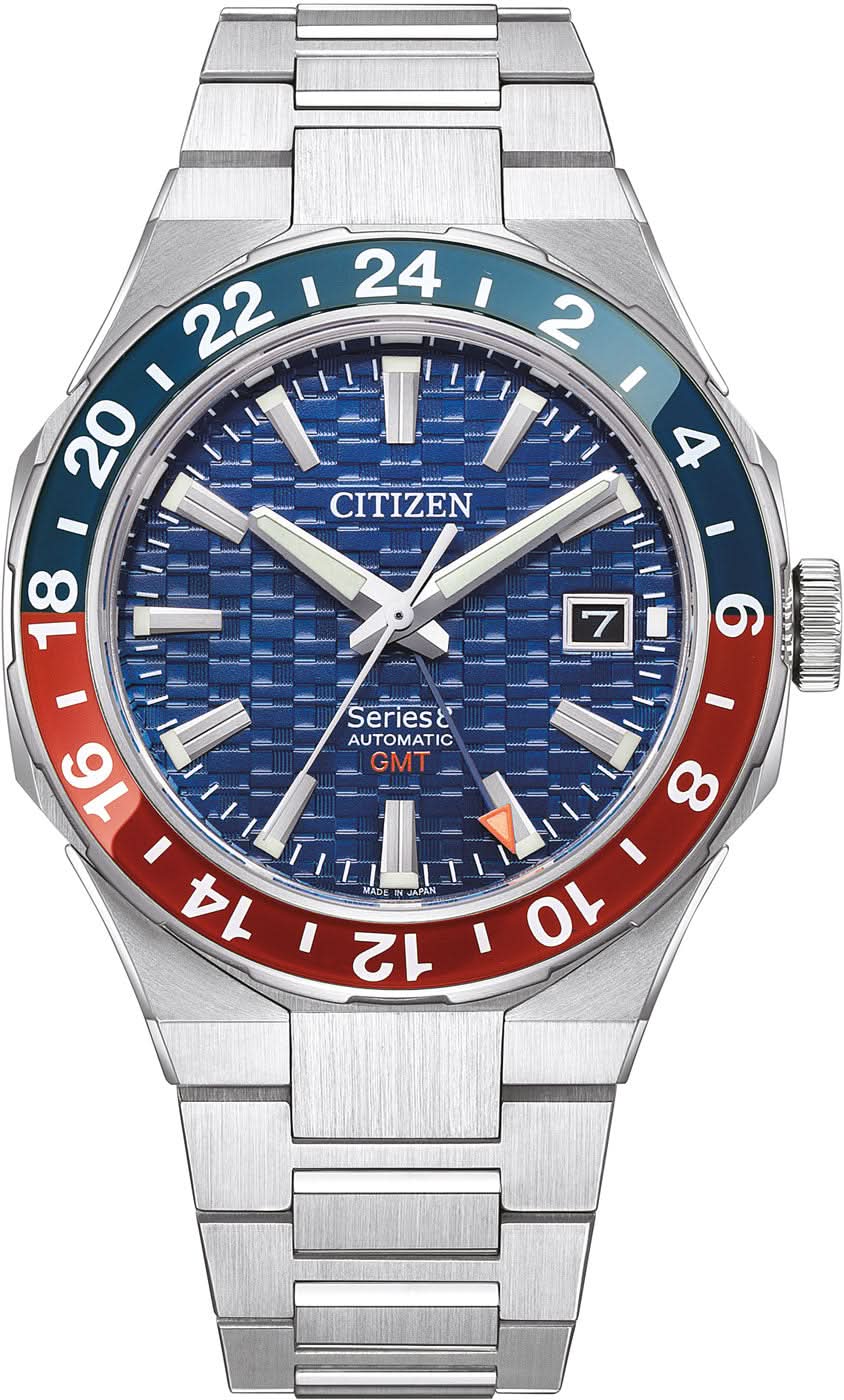 Herrklocka i rostfritt stål med blå urtavla och tvåfärgad röd/blå GMT-bezel, vy över siffror