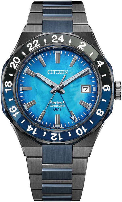 Automatisk herrklocka med blå urtavla, GMT-bezel och armband i metall