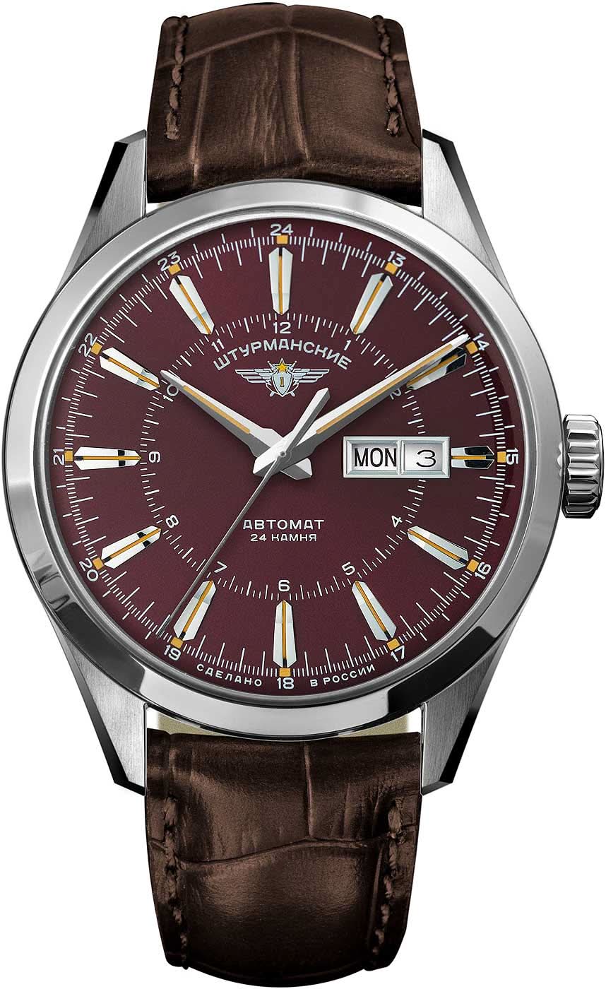 Armbandsur för herrar, vy framifrån med vinröd urtavla, brunt läderband och datum