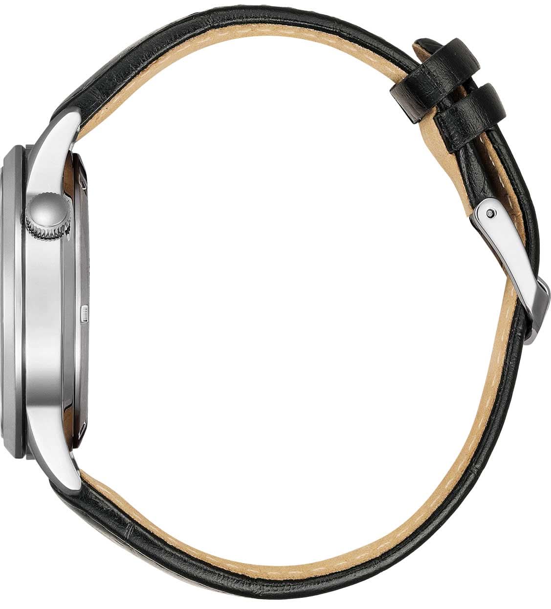 Armbandsur för herrar: sidovy med svart läderarmband och boett i silver.