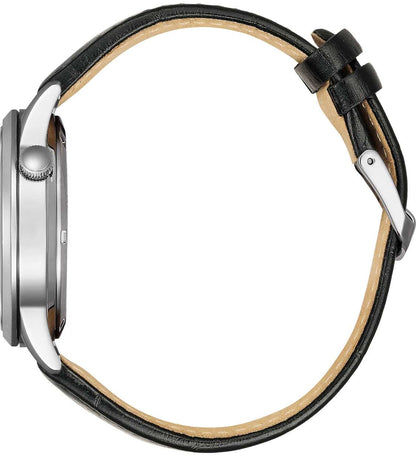 Armbandsur för herrar: sidovy med svart läderarmband och boett i silver.