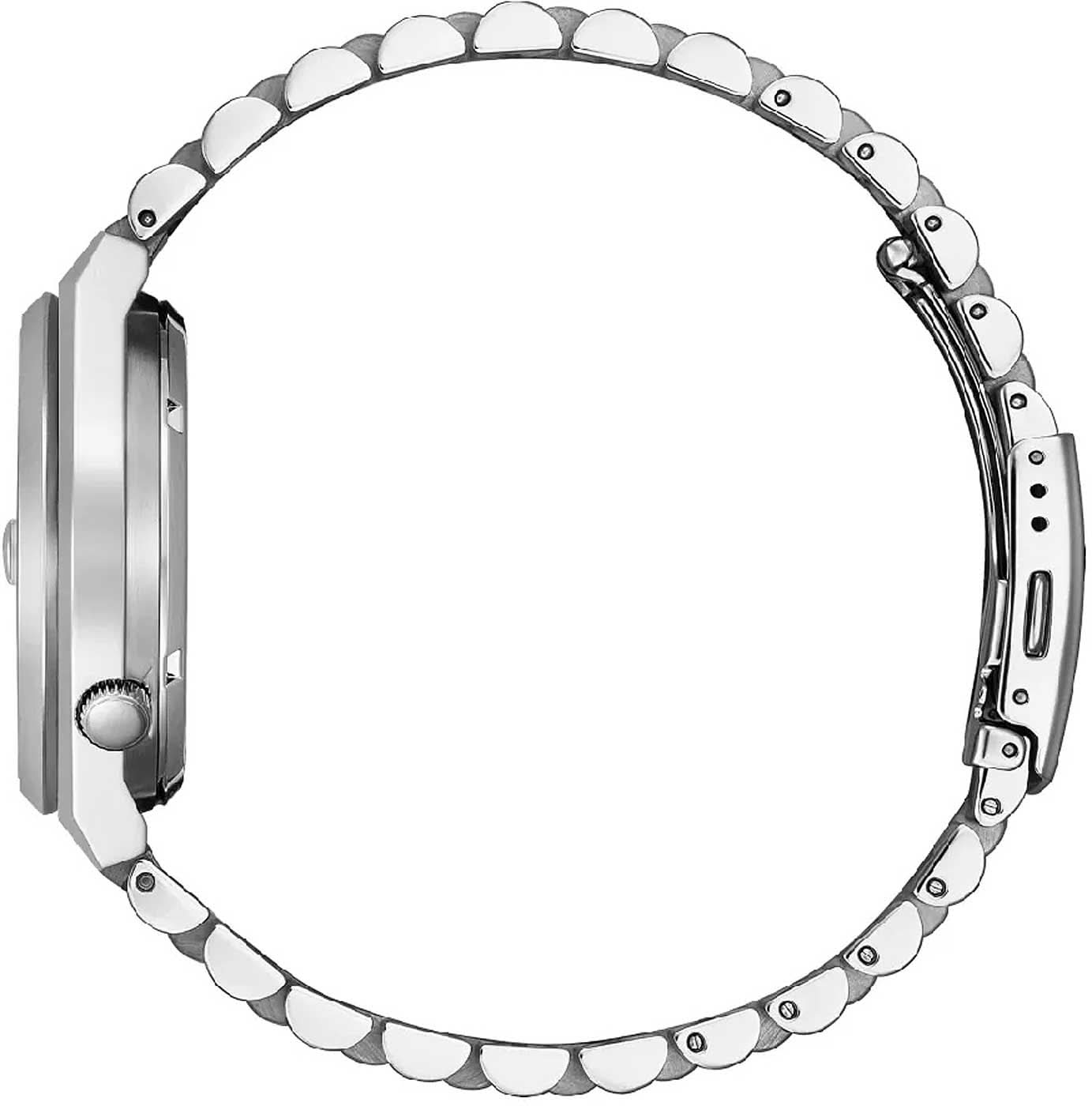 Herrklocka med silverfärgat rostfritt stålhölje och silverfärgat länkarmband i stål, sidovy