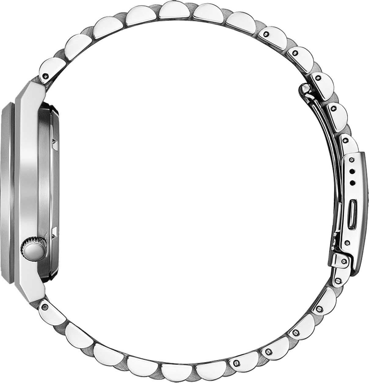Herrarmbandsur sidovy: silverfärgat armband i rostfritt stål med krona och knappar