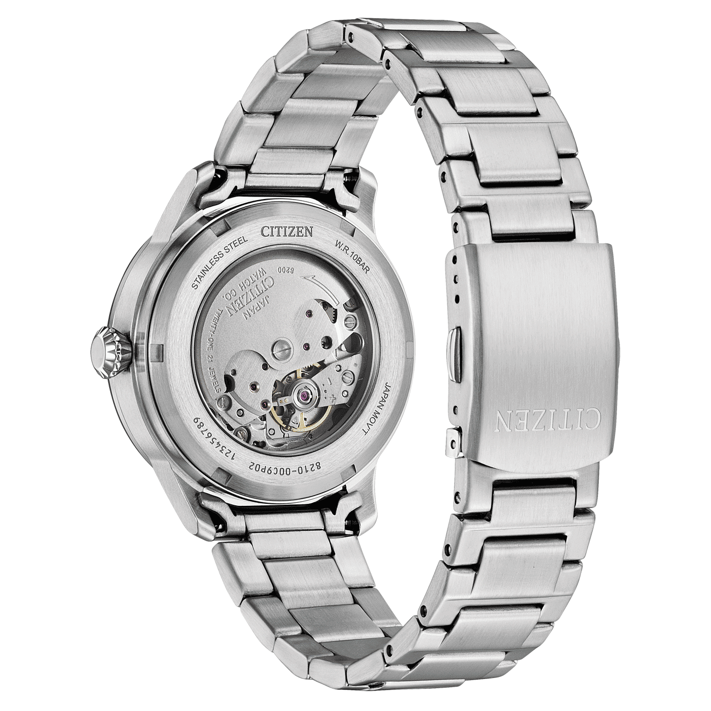Armbandsur för herrar med synligt automatiskt urverk genom boettens baksida och silverfärgat metallarmband