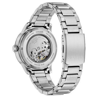 Armbandsur för herrar med synligt automatiskt urverk genom boettens baksida och silverfärgat metallarmband