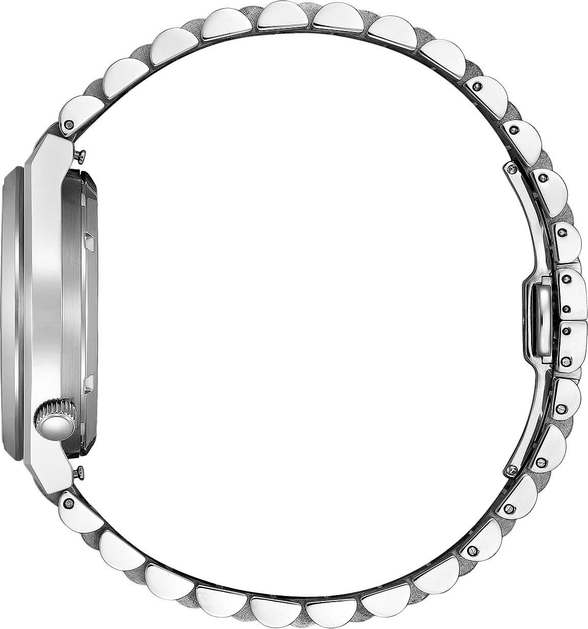 Edelstahl-klockfodral från sidan med krona och safirglasinfattning