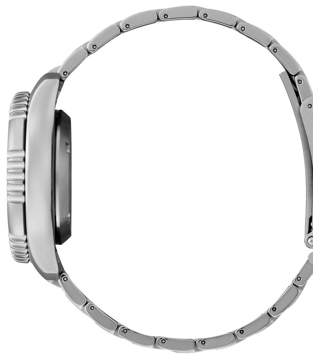 Herrklocka, sidovy med silverfärgat metallarmband och räfflad boettring