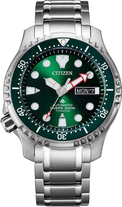 Citizen Promaster herrklocka med grön urtavla, metallarmband och datum