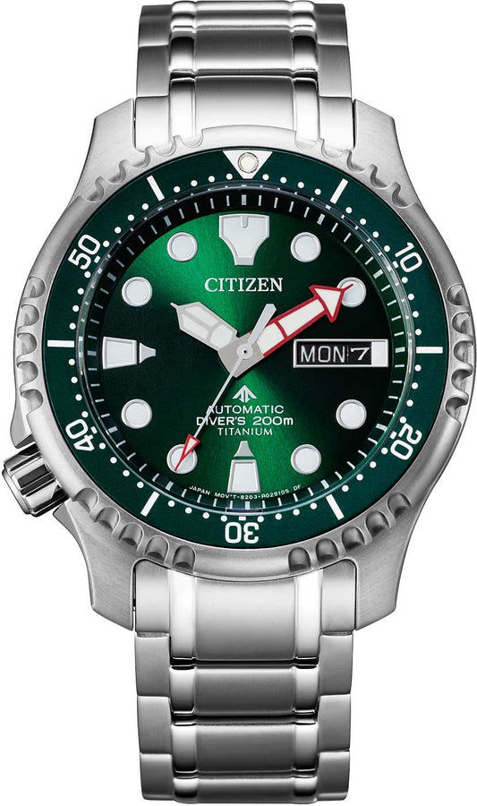 Citizen Promaster herrklocka med grön urtavla, metallarmband och datum