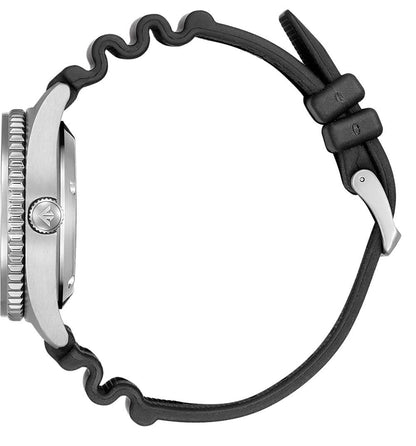 Herrklocka med boett i rostfritt stål, krona på sidan och svart gummiarmband