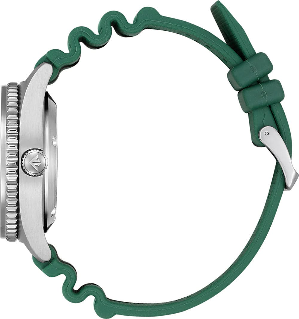 Herrarmbandsur, sidovy, med boett i stål och grönt silikonarmband