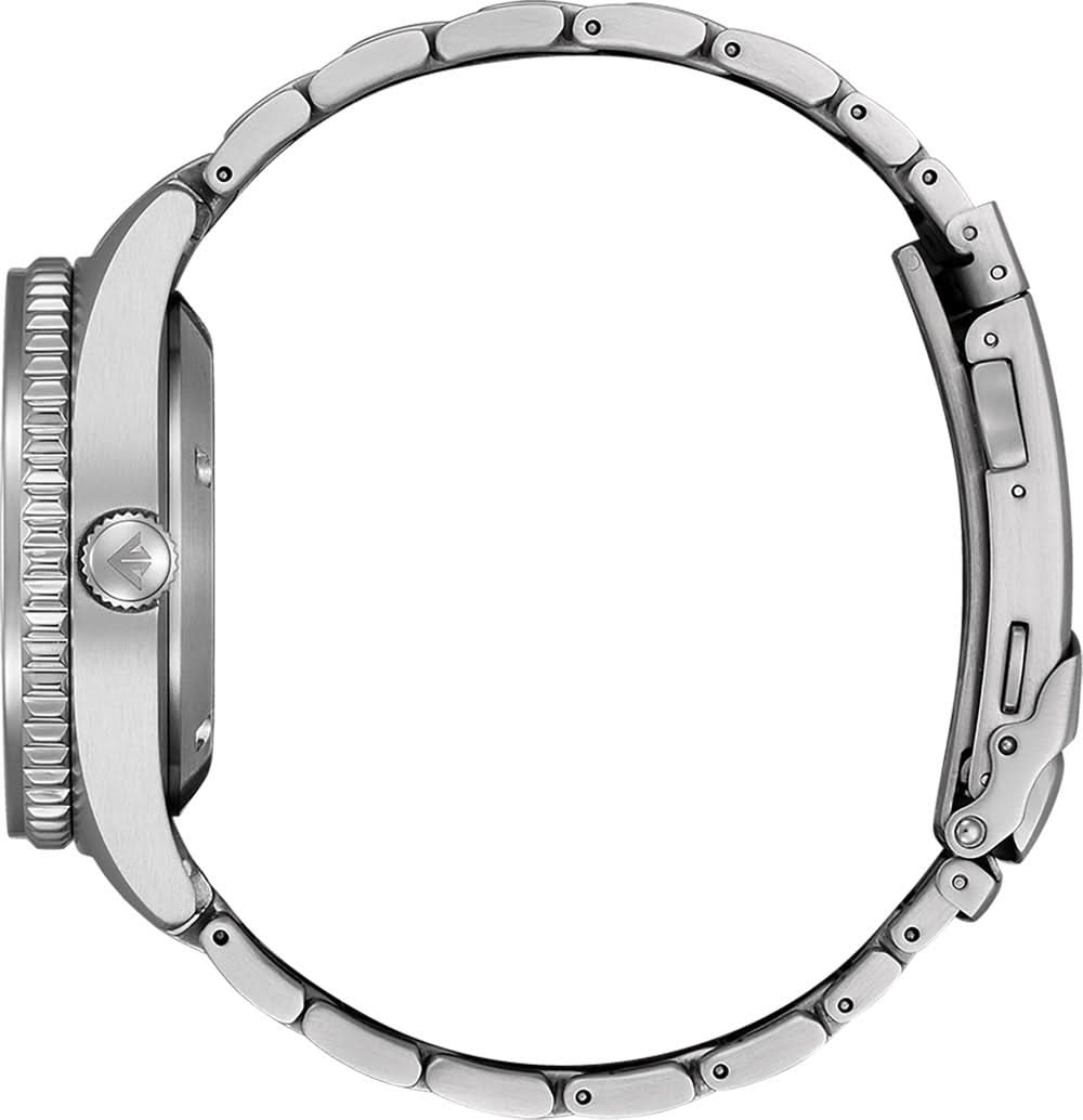 Armbandsur för herrar i rostfritt stål-look sedd från sidan med skruvad krona