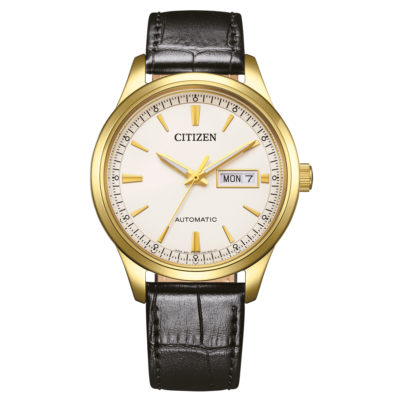 Citizen herrklocka med guldfärgad boettring, vit urtavla och svart läderarmband