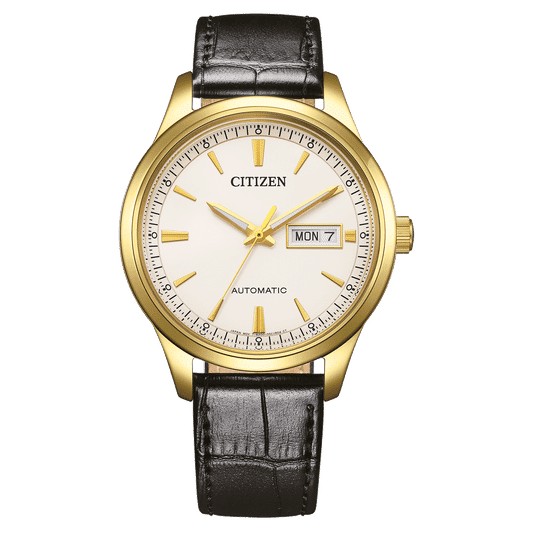 Citizen herrklocka med guldfärgad boettring, vit urtavla och svart läderarmband