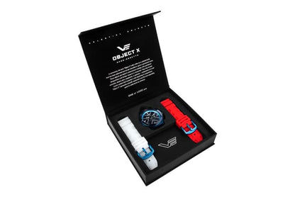Vostok Europe herrklocka Object X med blå urtavla och rött läderarmband i set