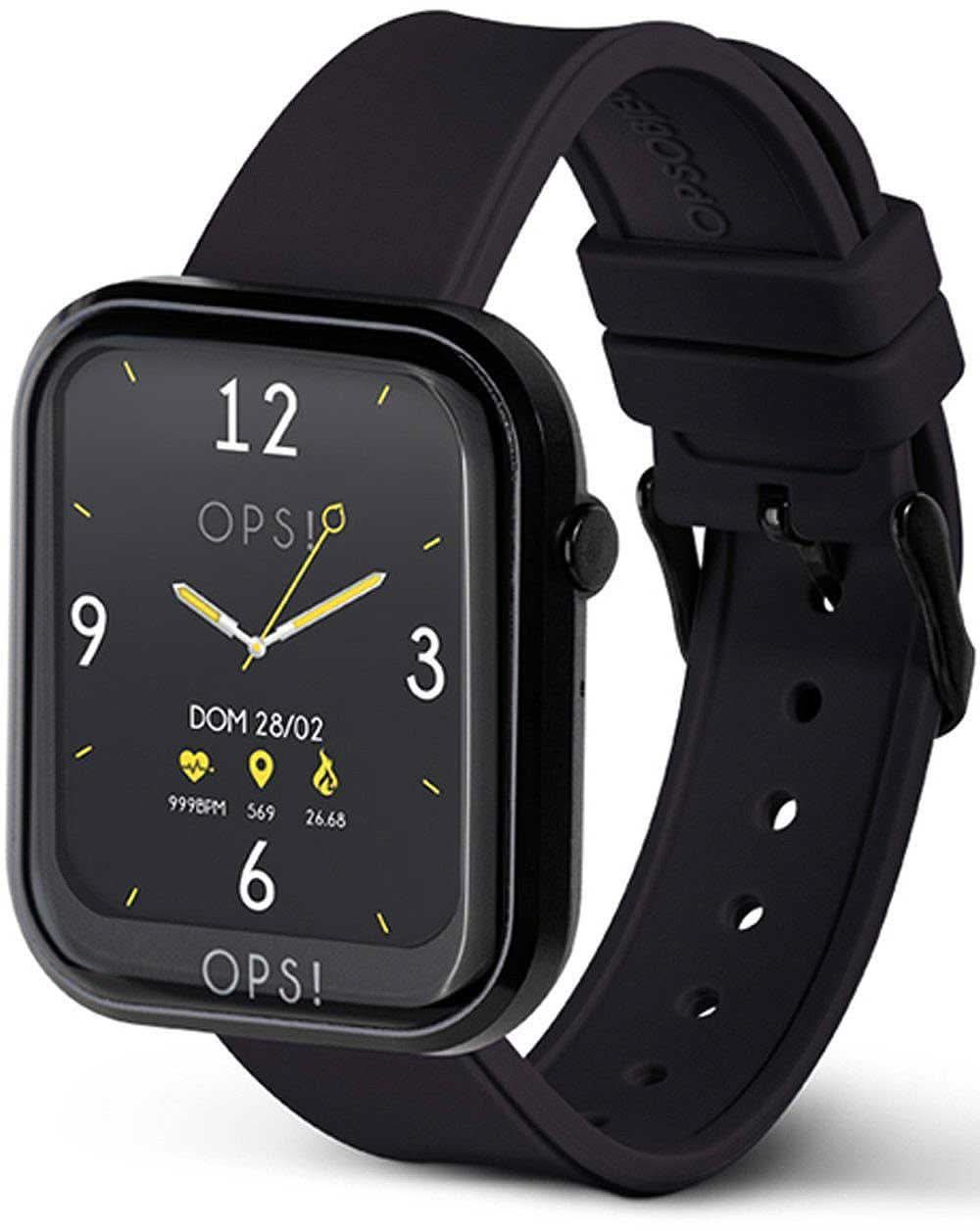 Smartklocka i sidovy, svart armband med hål, rektangulär display