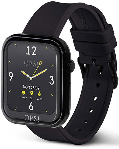 Smartklocka i sidovy, svart armband med hål, rektangulär display
