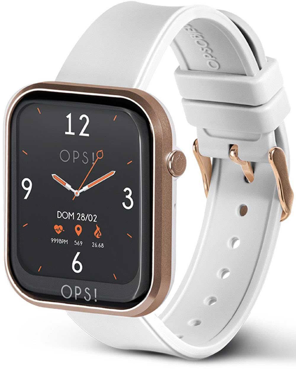 Smartklocka med svart urtavla, roséguldpläterat hölje och vitt silikonarmband (sidovy)