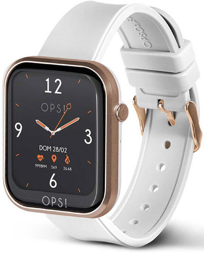 Smartklocka med svart urtavla, roséguldpläterat hölje och vitt silikonarmband (sidovy)