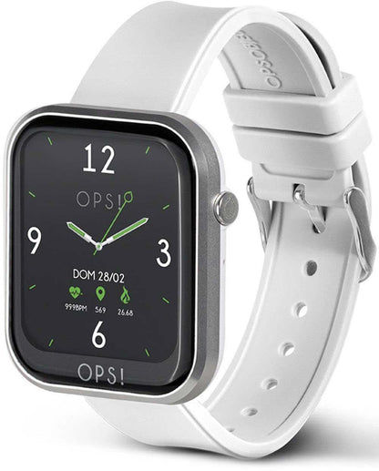Smartklocka med svart urtavla och vitt silikonarmband, perforerat spänne