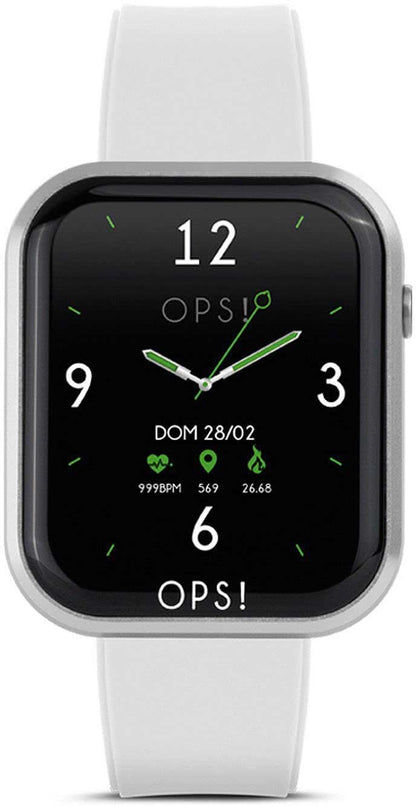 Smartklocka med svart urtavla och vitt silikonarmband, rektangulärt hölje