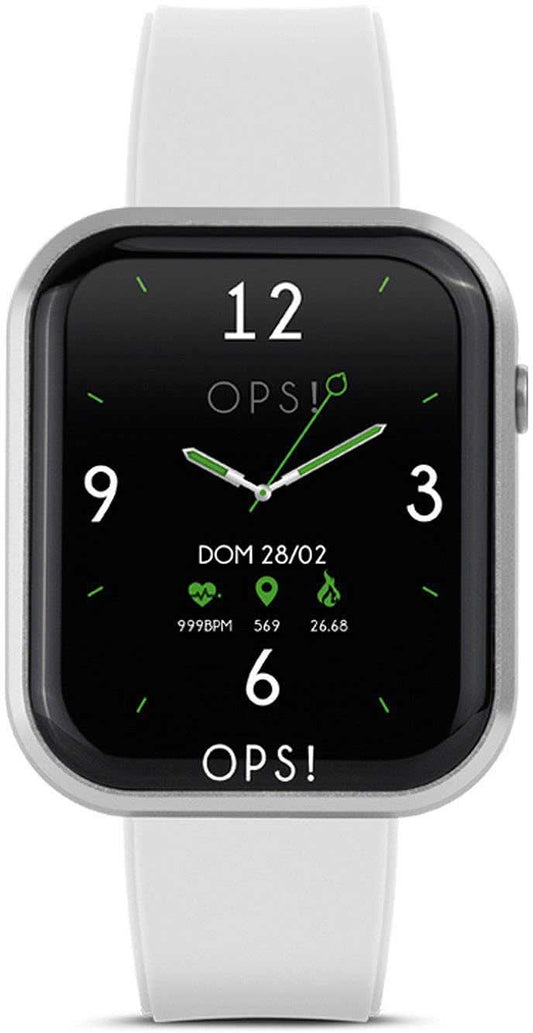 Smartklocka med svart urtavla och vitt silikonarmband, rektangulärt hölje