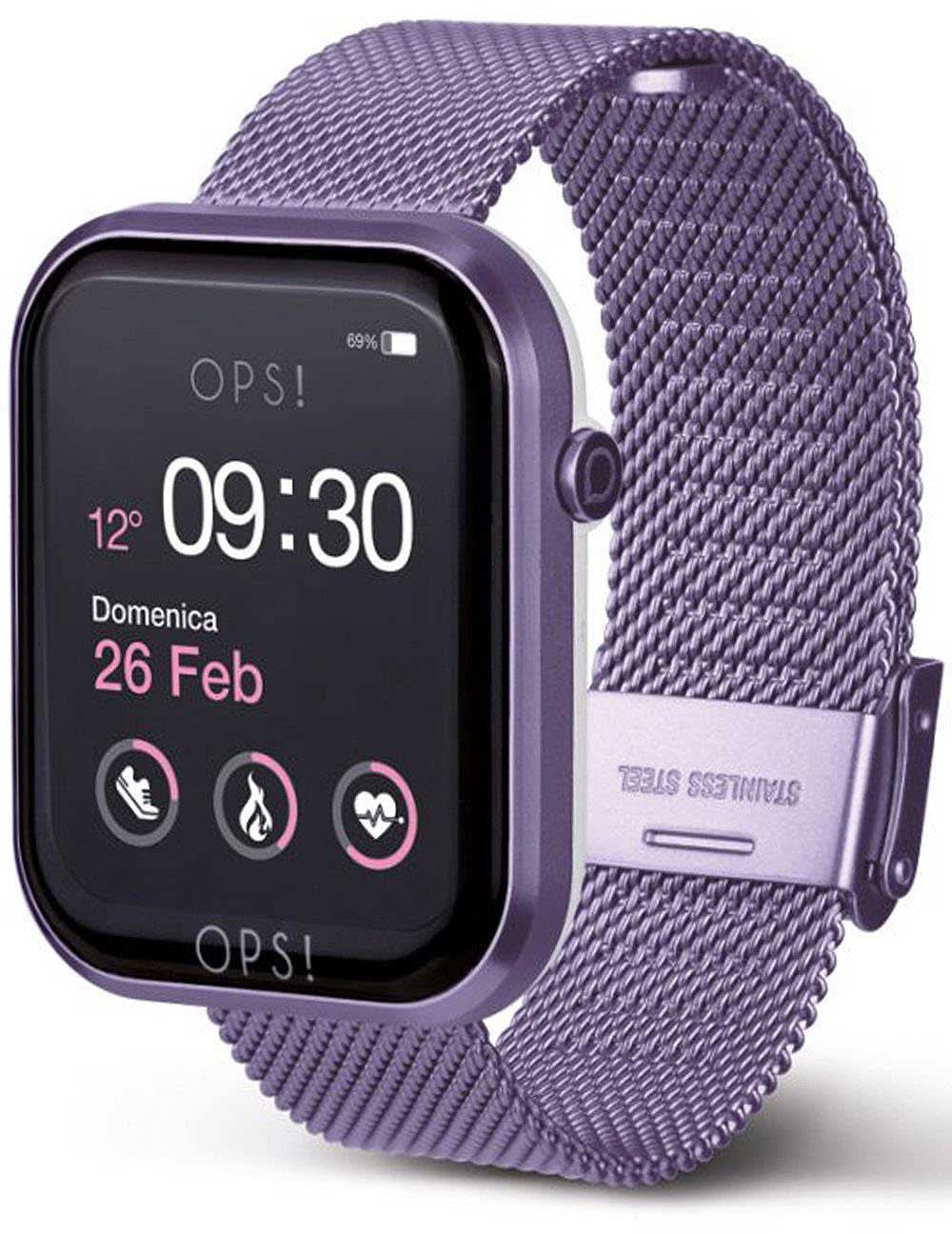 Smartklocka med svart skärm, lila metallarmband och sidoknapp