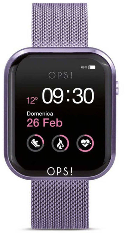 Smartklocka med svart urtavla och lila metallarmband, visning 09:30