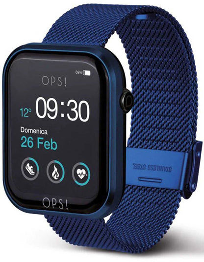 Unisex smartklocka med blått textilarmband, sidovy och bärrem