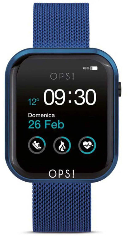 Unisex smartwatch med blått textilarmband och rund skärm, tid 09:30