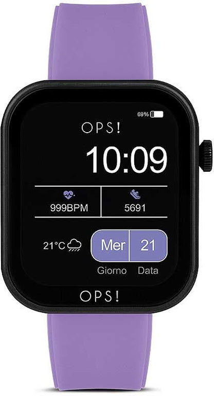 Smartklocka med svart urtavla och lila silikonarmband, tid 10:09